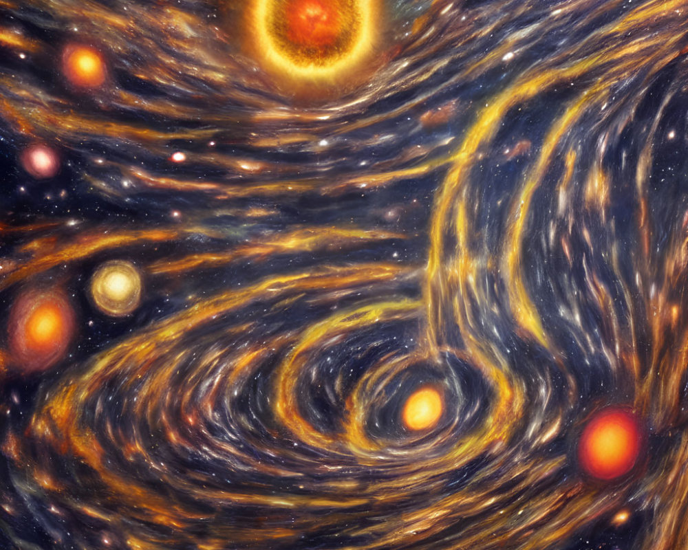 Colorful Cosmic Scene with Swirling Patterns and Celestial Bodies