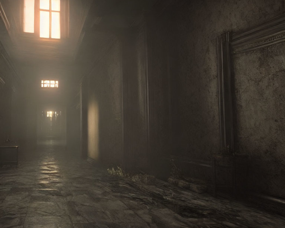 Eerie corridor with sunbeams, shadows, aged walls, debris & plant growth