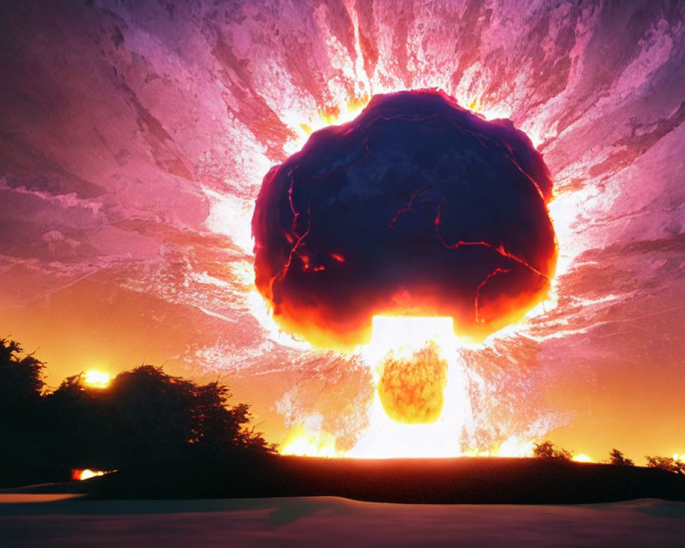 Explosive mushroom cloud with fiery colors in dark sky