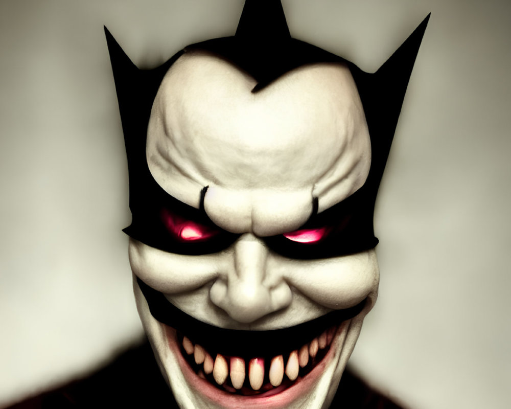 Menacing character with red eyes and sharp teeth on grey background