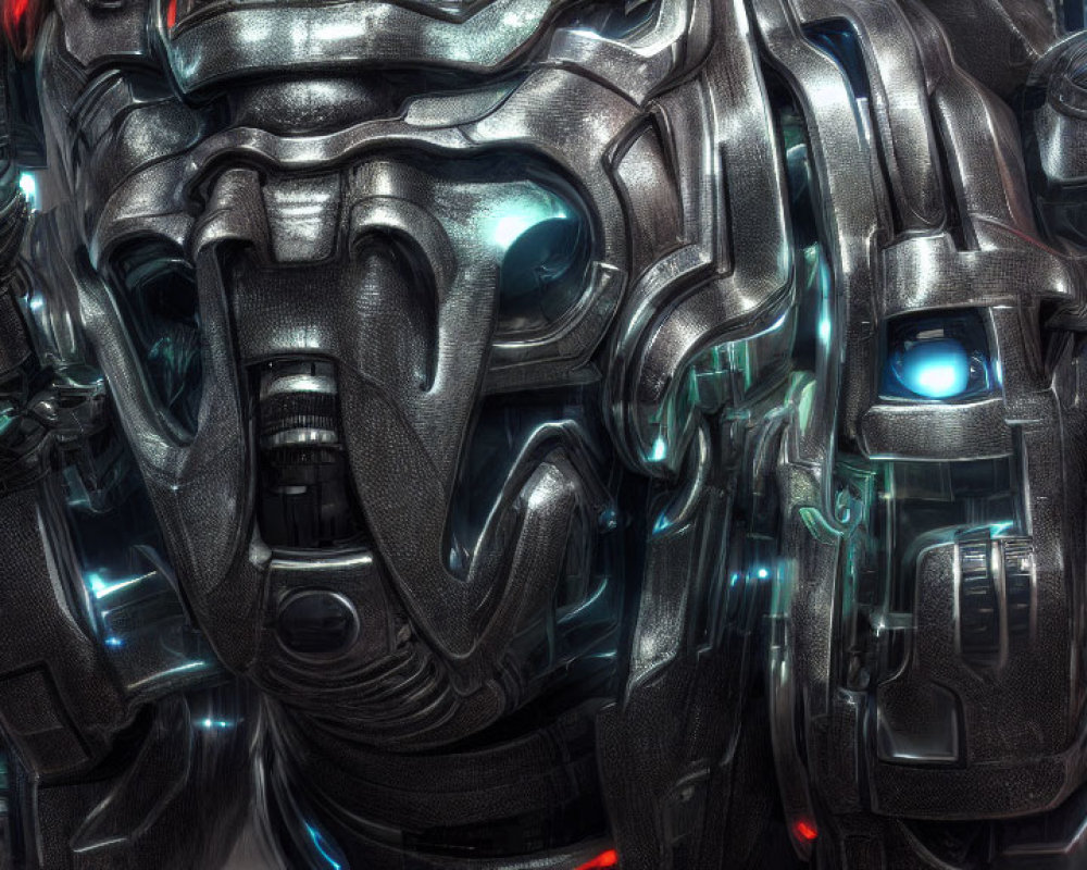 Detailed Close-Up of Mechanical Robot with Intricate Armor Design and Blue & Red Lights