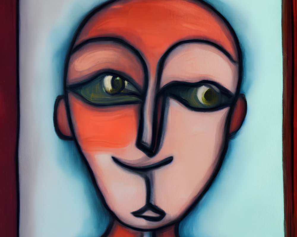 Abstract painting: stylized face with exaggerated features, split in red and light colors