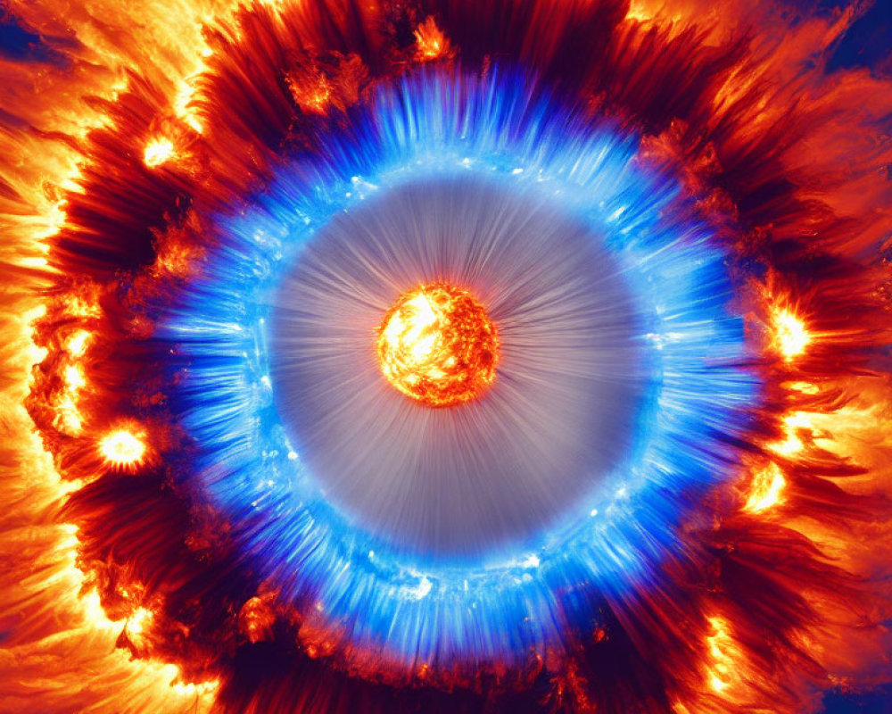 Circular Celestial Image with Bright Orange and Yellow Core surrounded by Blue Halo