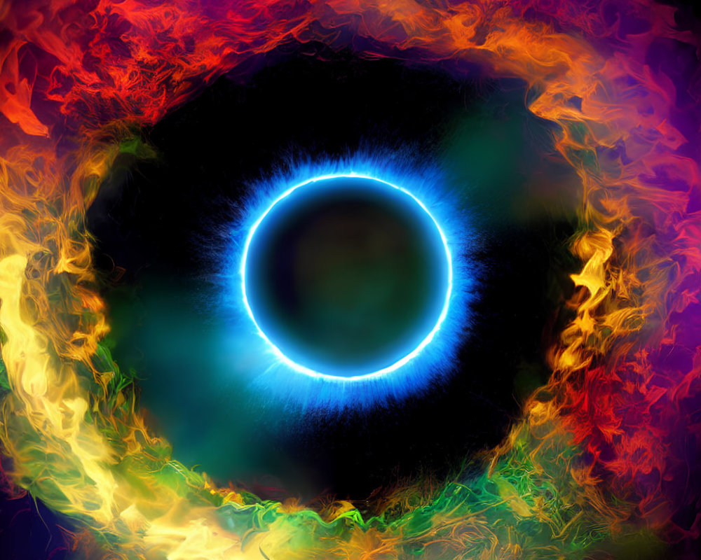 Colorful Cosmic Eye Artwork with Glowing Blue Ring and Fiery Nebulous Clouds