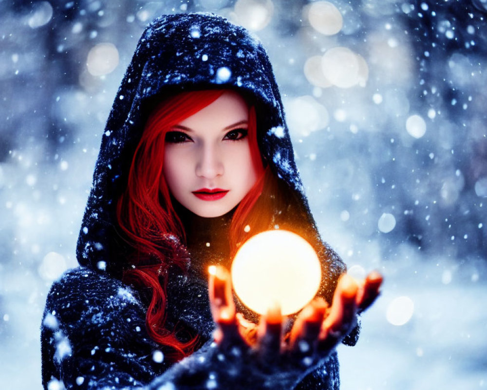 Red-haired woman in cloak with glowing orb in snowy scene