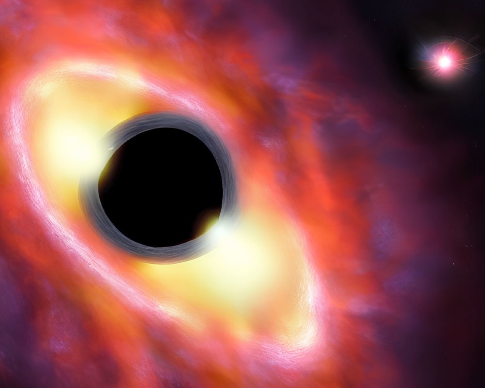 Detailed depiction of black hole with accretion disk in red and purple cosmic scene