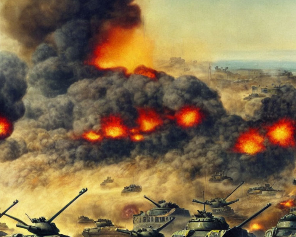 Battlefield scene with tanks, billows of smoke, and flames