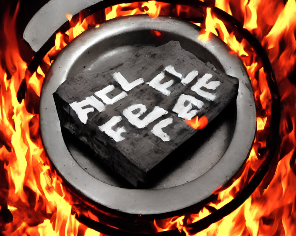 Metallic object with "FE" inscription heating in fiery forge.