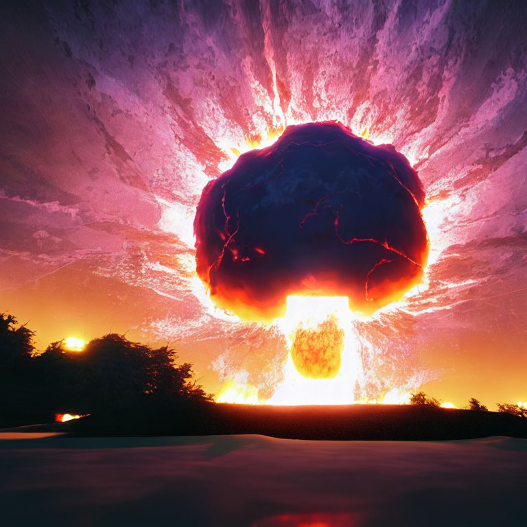 Explosive mushroom cloud with fiery colors in dark sky