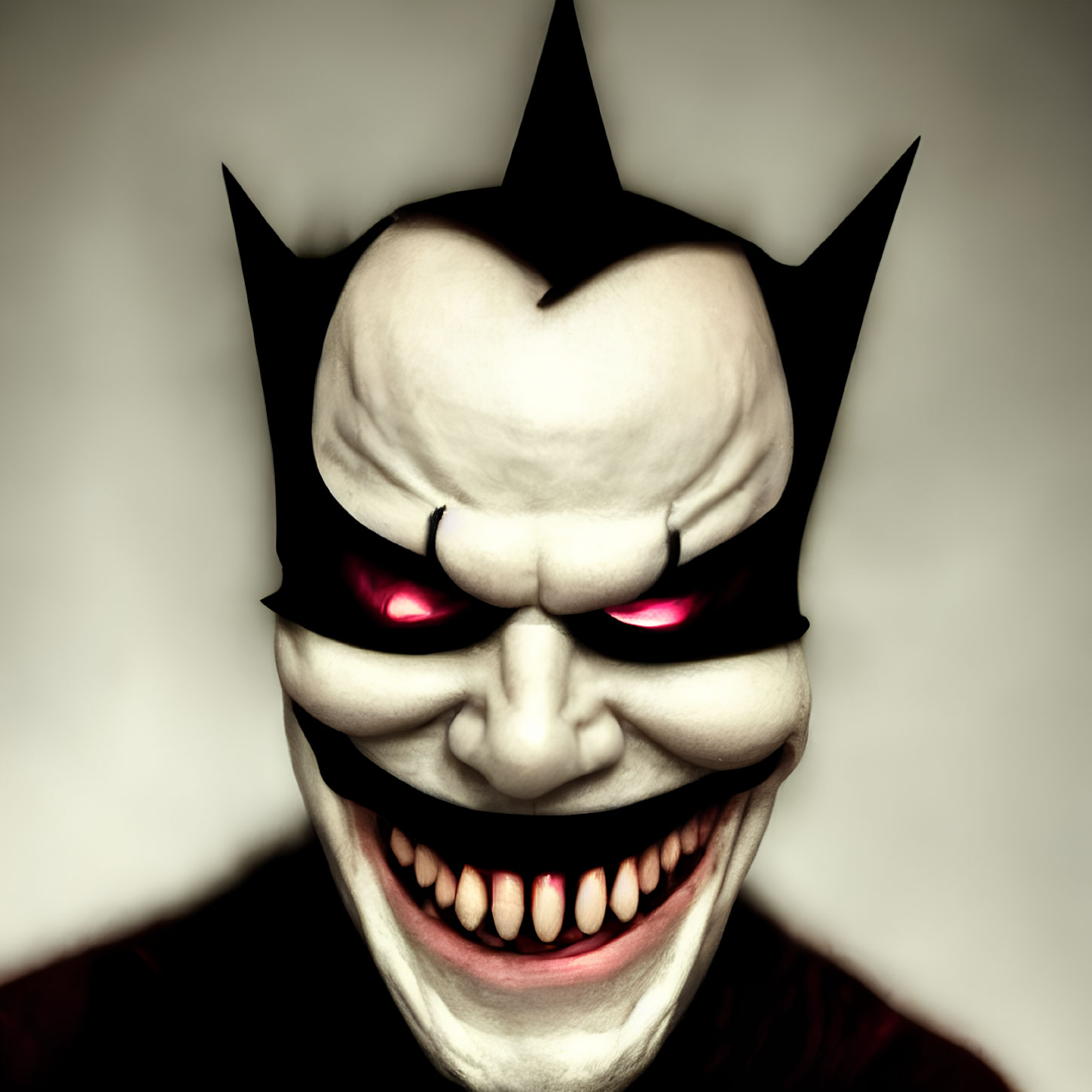 Menacing character with red eyes and sharp teeth on grey background