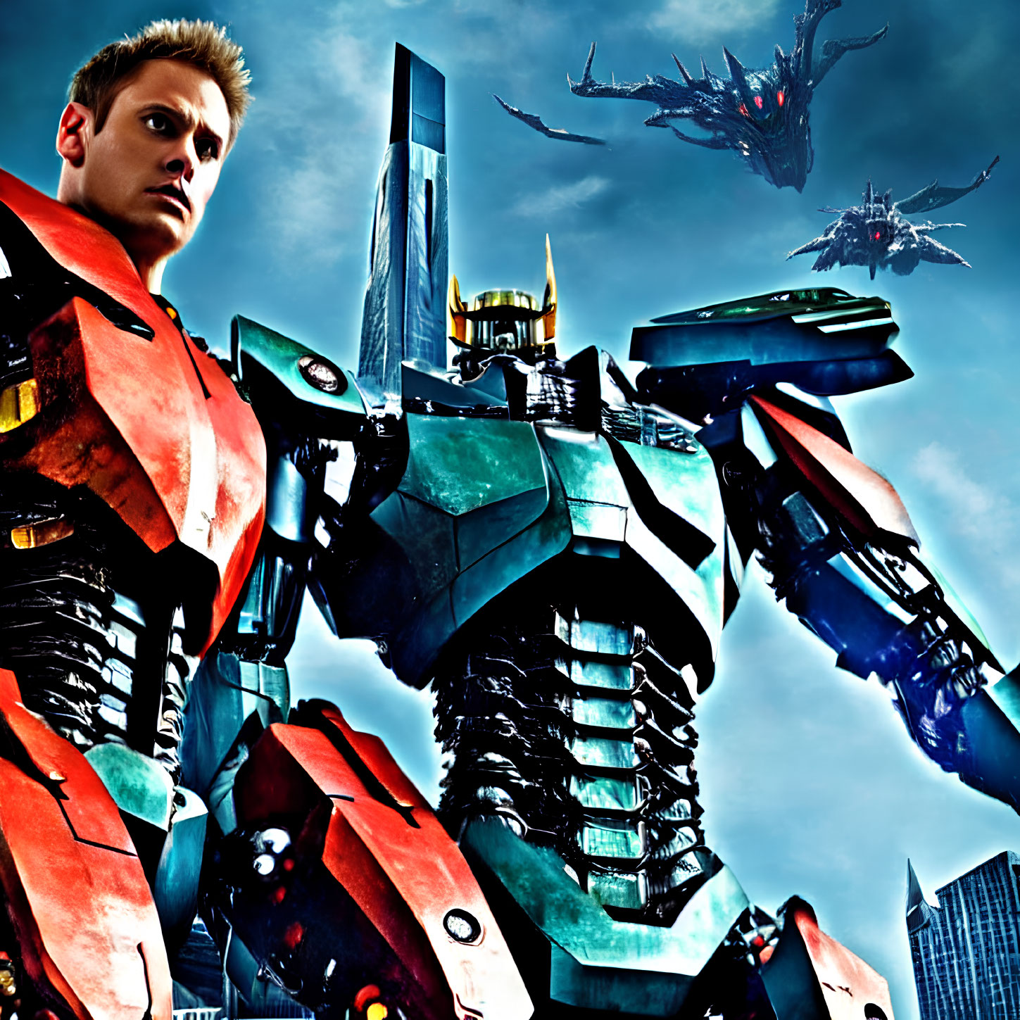 Young man faces towering robot in futuristic city with flying creatures.