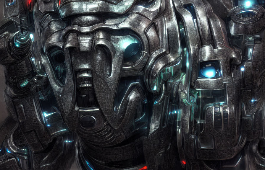 Detailed Close-Up of Mechanical Robot with Intricate Armor Design and Blue & Red Lights