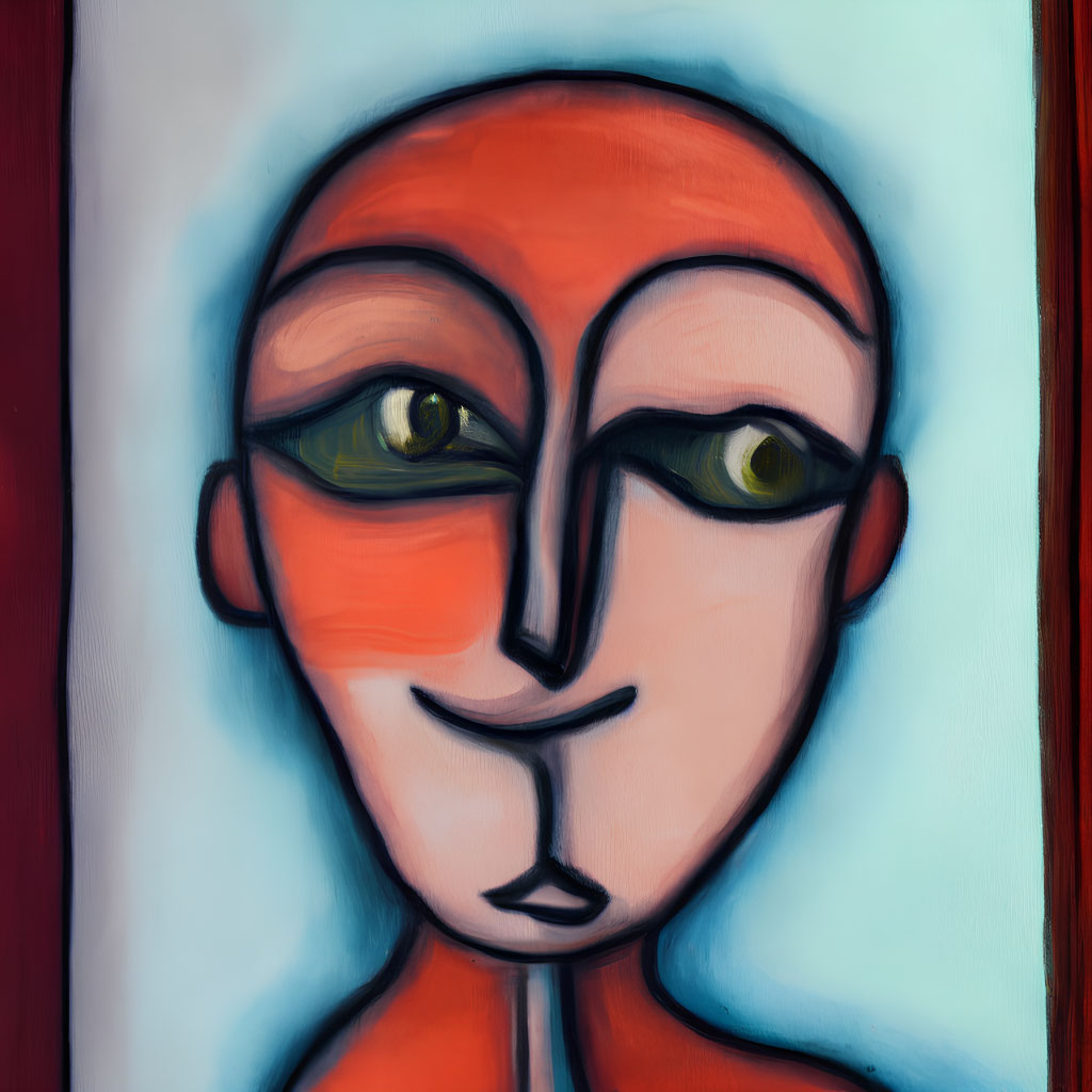 Abstract painting: stylized face with exaggerated features, split in red and light colors