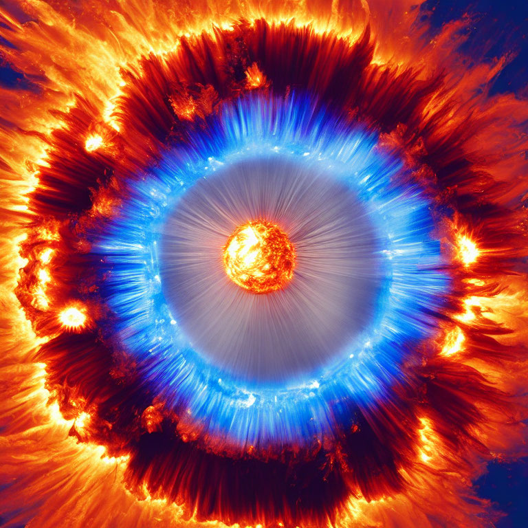 Circular Celestial Image with Bright Orange and Yellow Core surrounded by Blue Halo