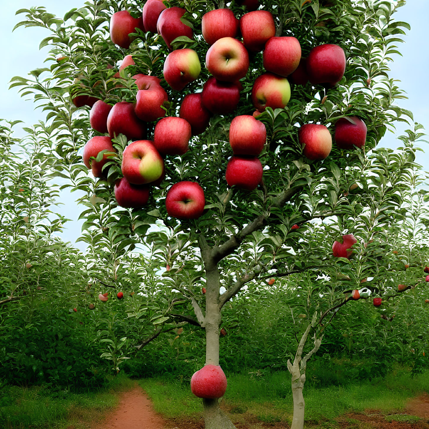 Lush Apple Orchard with Ripe Red Apples and Pathway