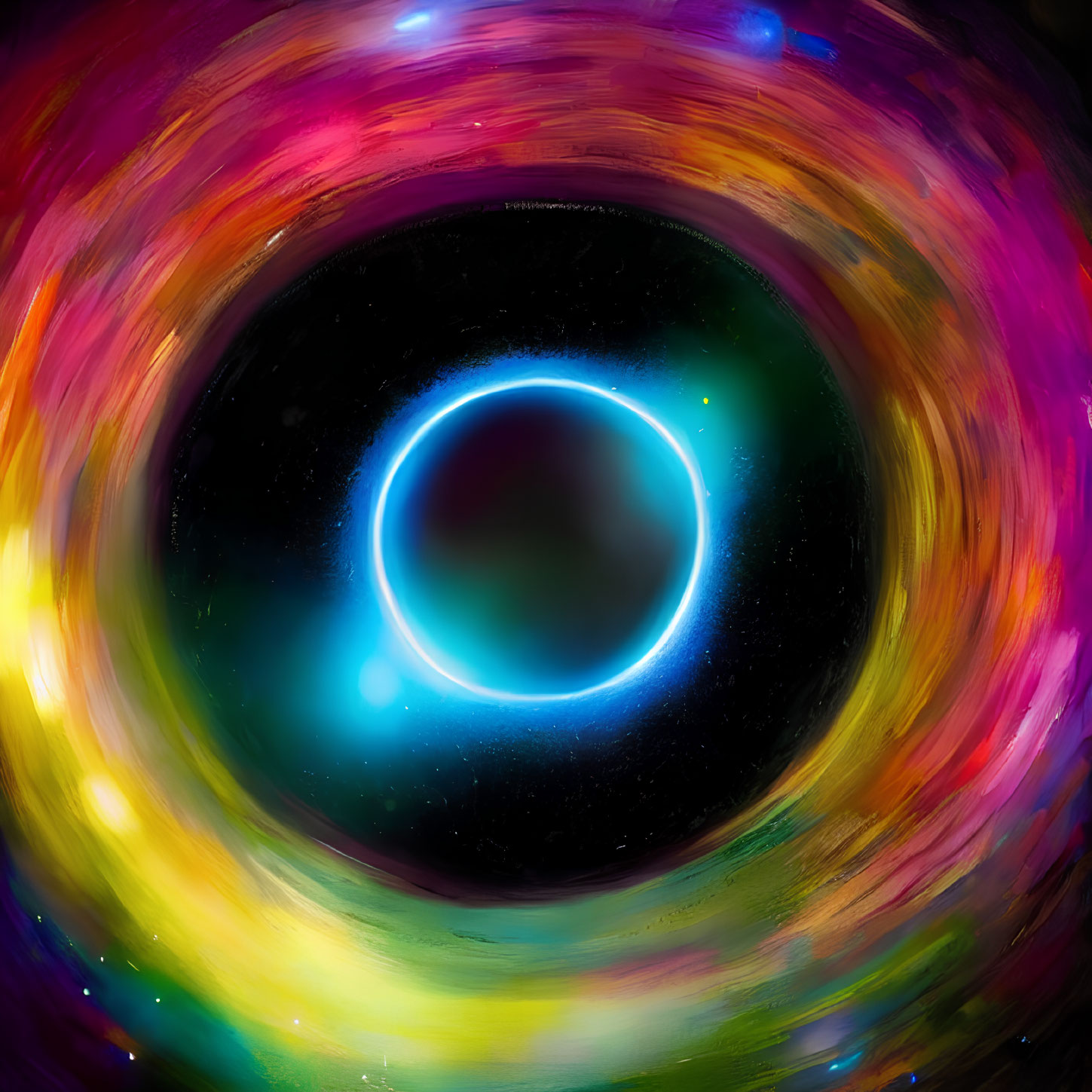 Colorful Accretion Disk Swirls Around Black Hole in Space