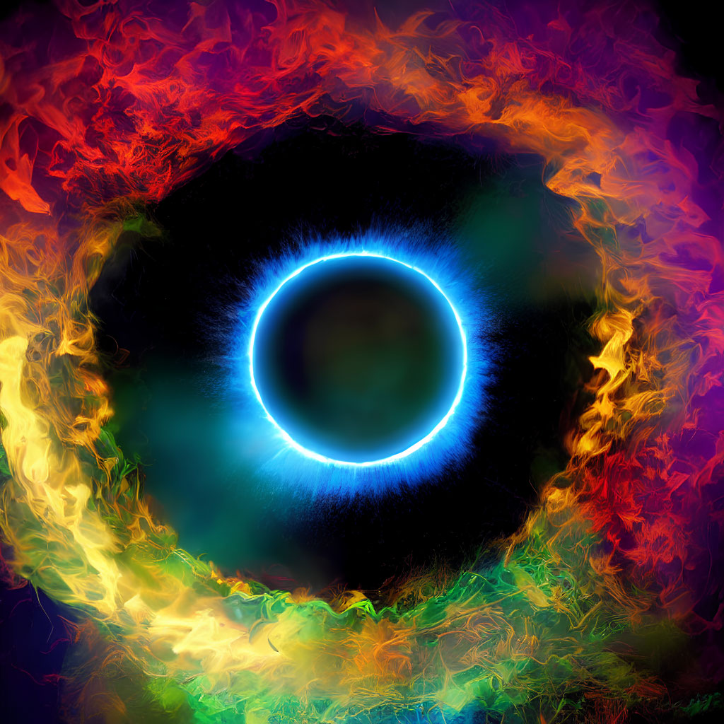 Colorful Cosmic Eye Artwork with Glowing Blue Ring and Fiery Nebulous Clouds