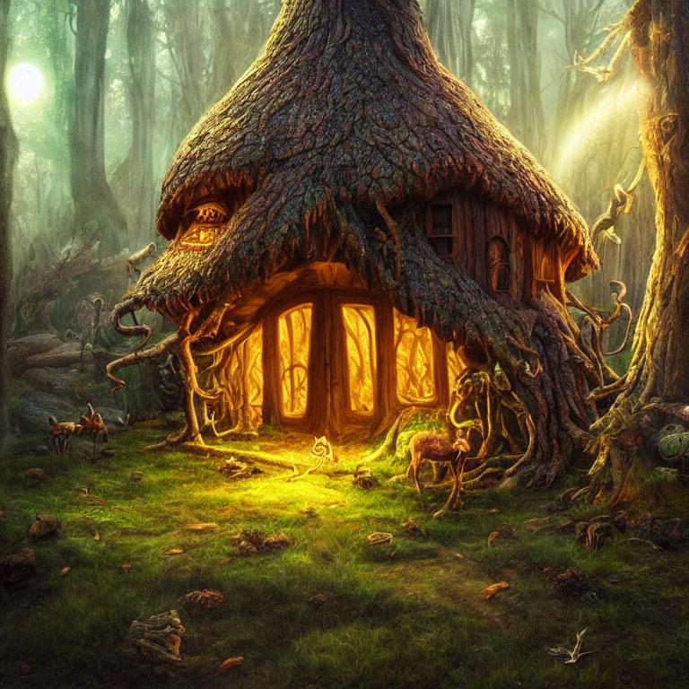 Enchanting forest scene with whimsical treehouse and glowing vines