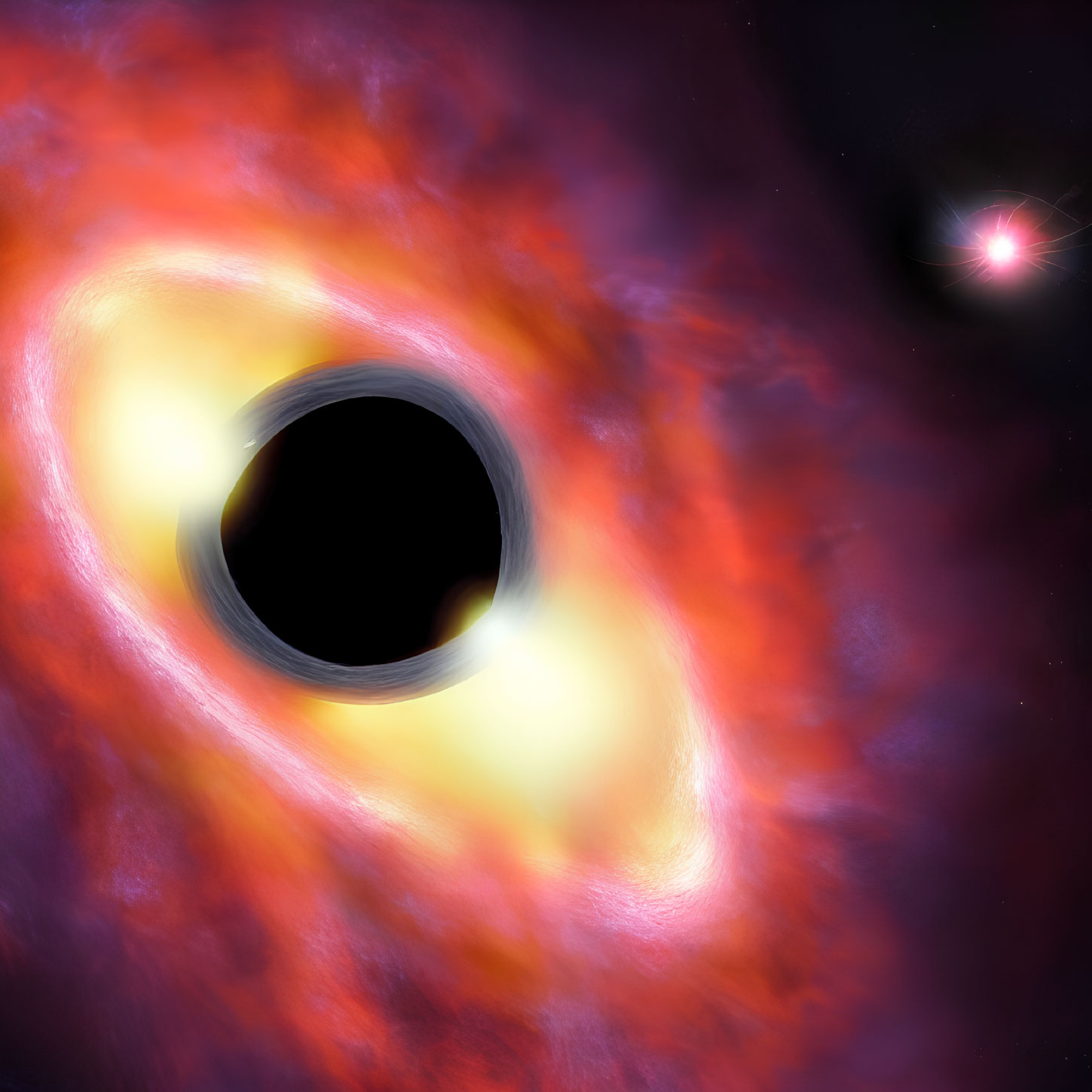 Detailed depiction of black hole with accretion disk in red and purple cosmic scene
