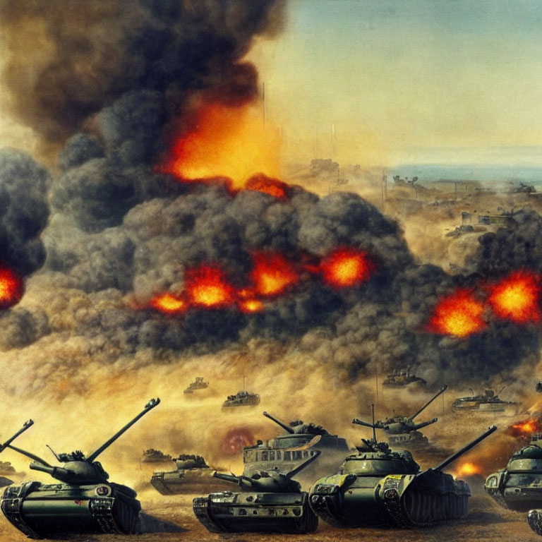Battlefield scene with tanks, billows of smoke, and flames
