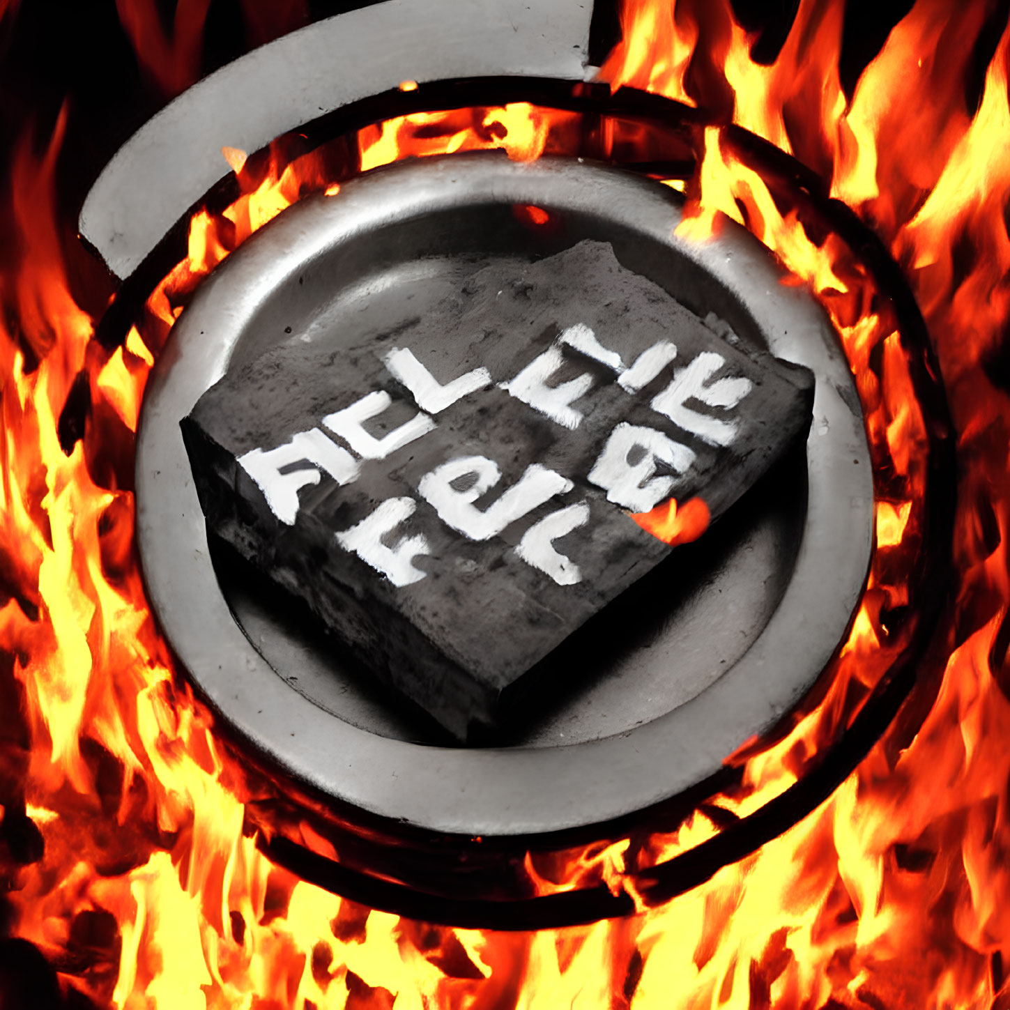 Metallic object with "FE" inscription heating in fiery forge.