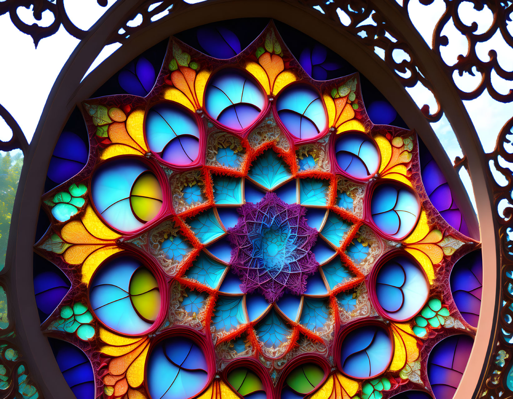 Multicolored Stained Glass Window with Mandala Design in Ornate Frame