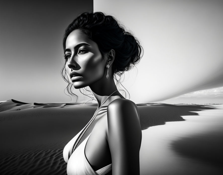 Monochromatic image: Woman with elegant earrings, gazing at serene dunes under dramatic sky