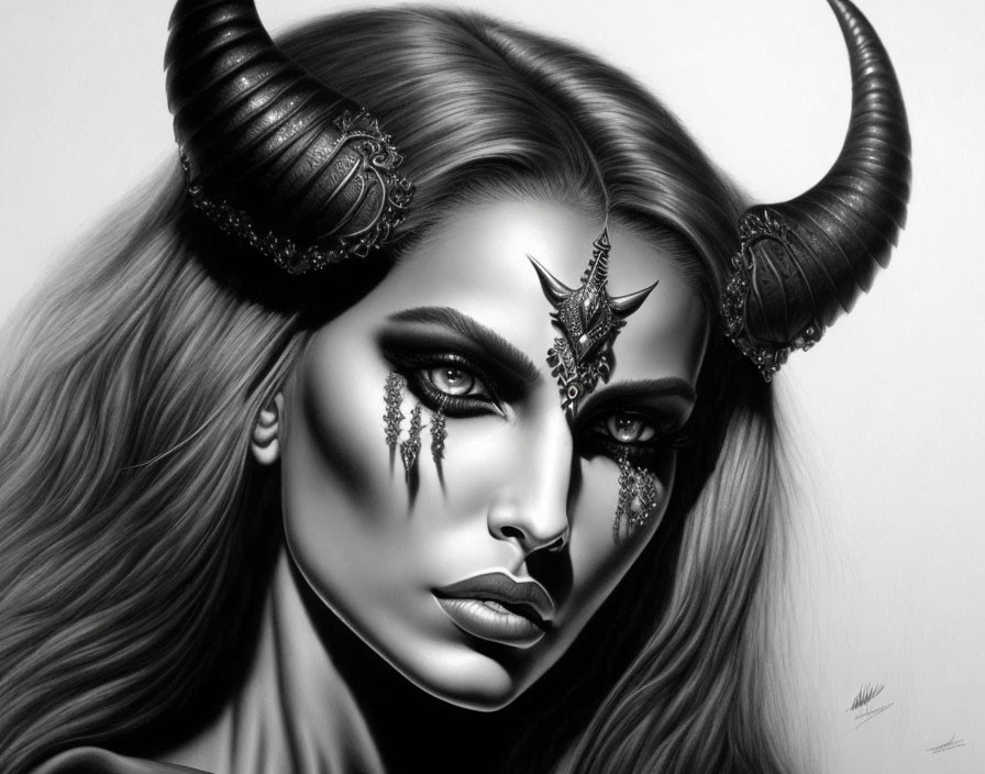 Monochromatic illustration of woman with dramatic makeup and ornate horns and jewelry