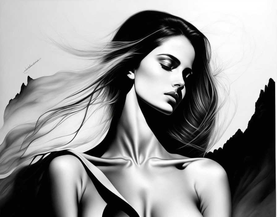 Monochrome portrait of a woman with flowing hair and contemplative expression