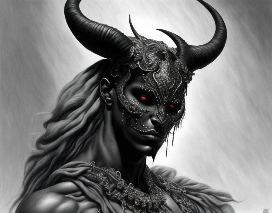 Monochrome artwork of figure with horns, red eyes, mask, and jewels