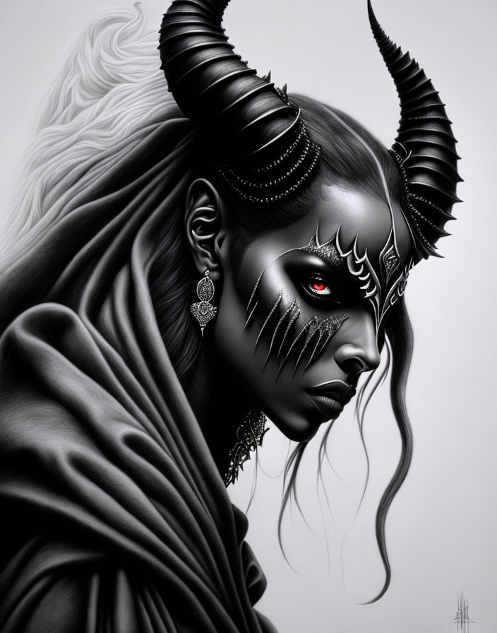 Grayscale portrait of a woman with horns, red eyes, and dark face markings