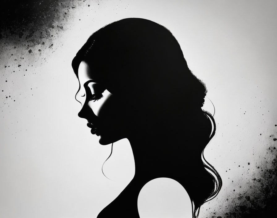 Profile silhouette of a woman with black dots around head