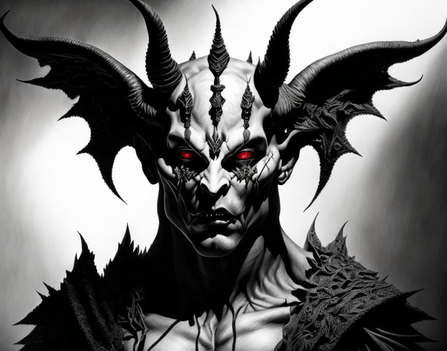 Menacing fantasy creature with horns, red eyes, and bat-like wings