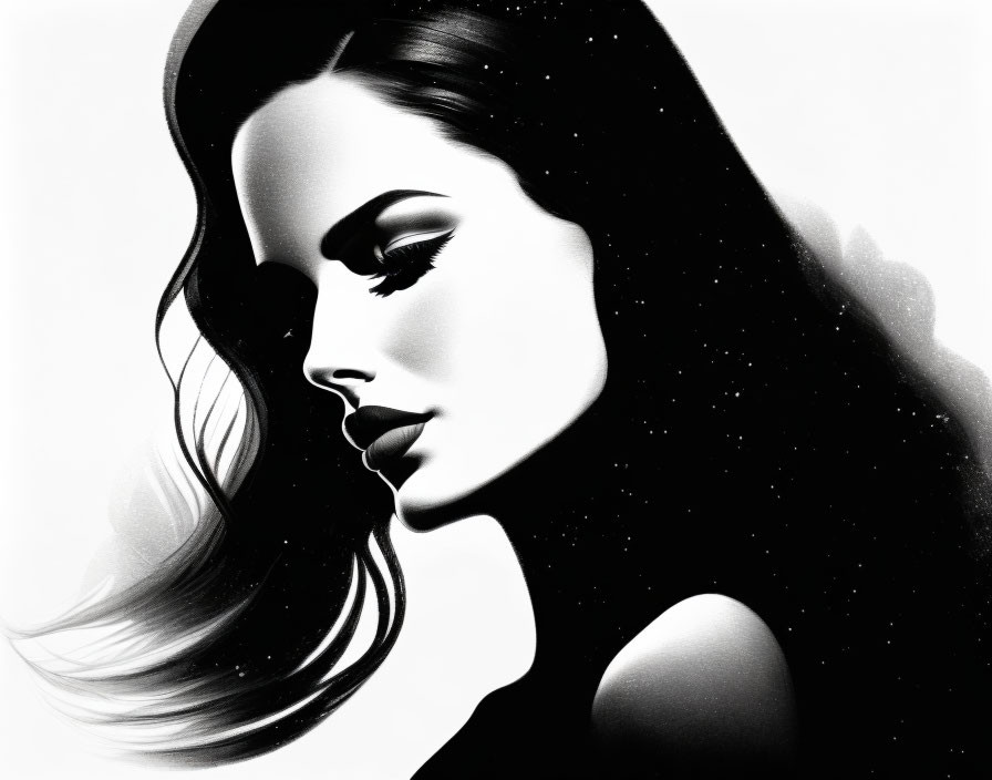 Monochrome illustration of contemplative woman with flowing hair and starry texture.