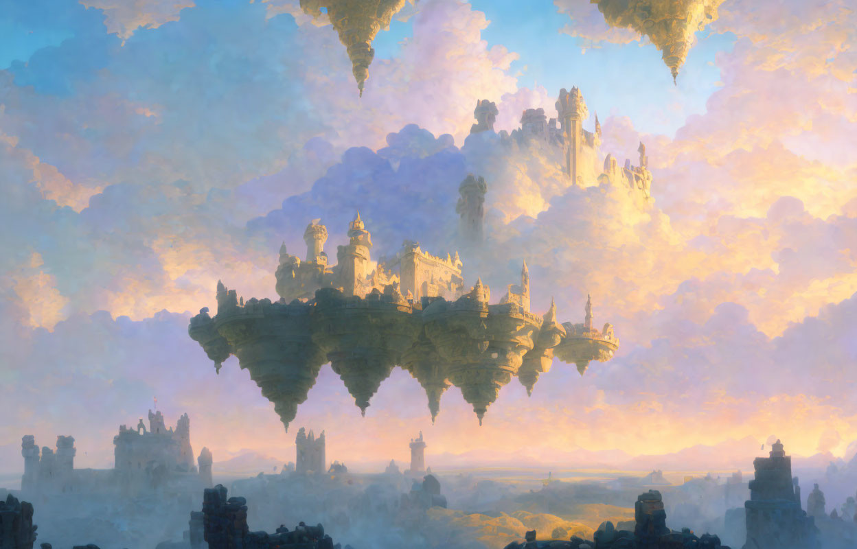 Scenic sunset sky with floating islands and castles