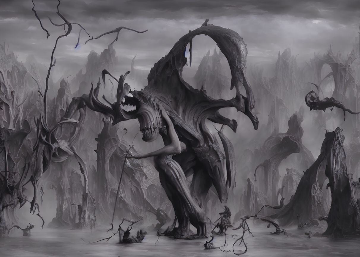 Large-horned creature in dark, desolate landscape with twisted shapes