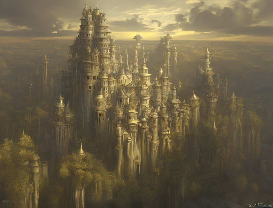 Golden city with spires in autumn forest under sunlight