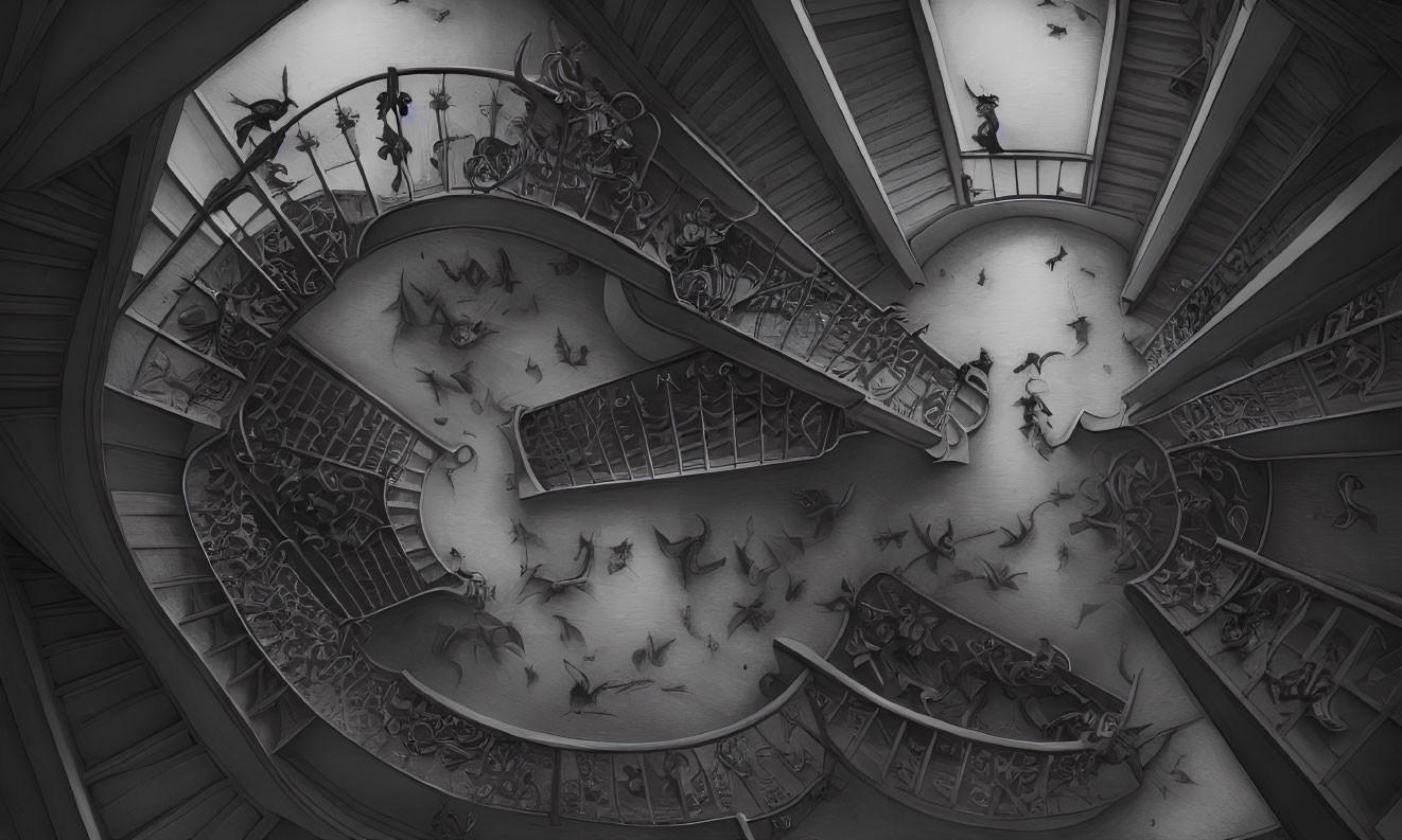 Intricate monochrome spiral staircase with Escheresque impossible geometry