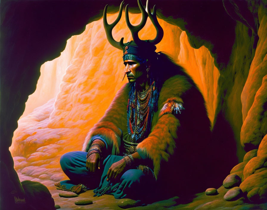 Native American man in cave with feathered headdress and fur cloak