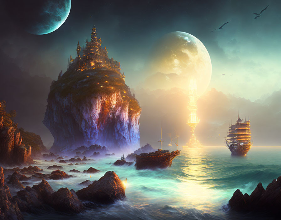 Majestic island city seascape with moons, ships, and birds