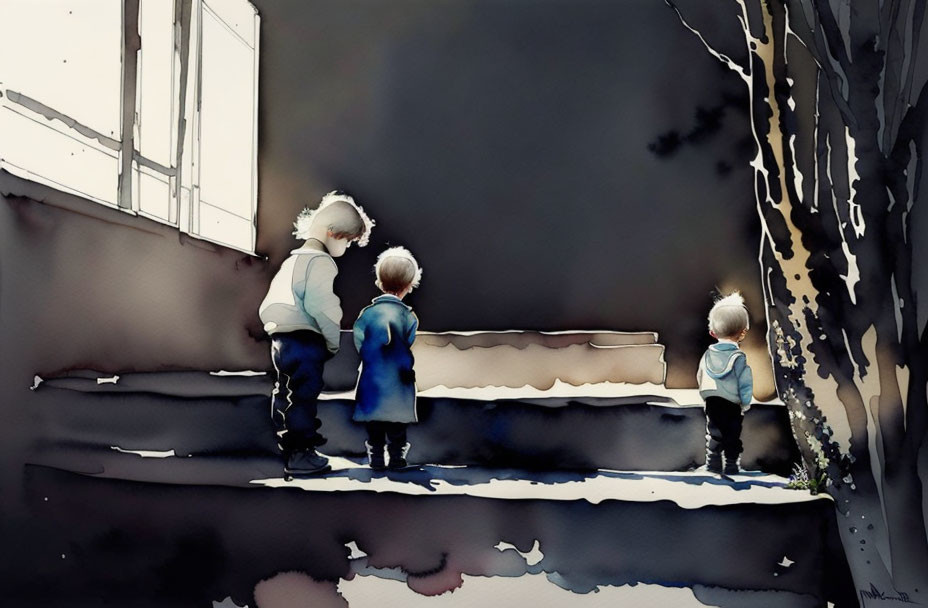 Three children on steps gaze at bright window in watercolor painting