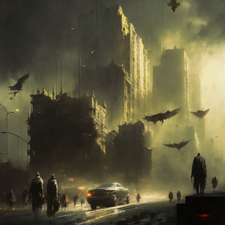 Dark dystopian cityscape with towering buildings, flying creatures, and silhouettes of people under a