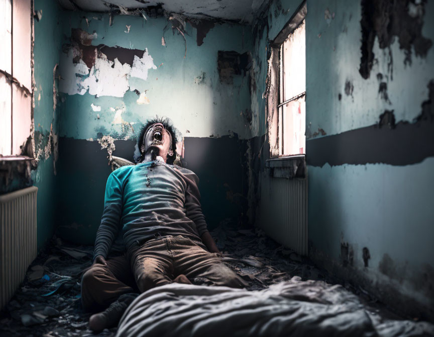 Person lying on floor in dilapidated room with peeling walls, mouth open.