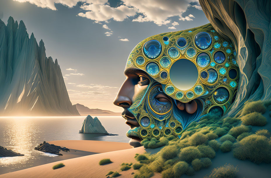 Surreal landscape with intricate circular patterns and scenic background