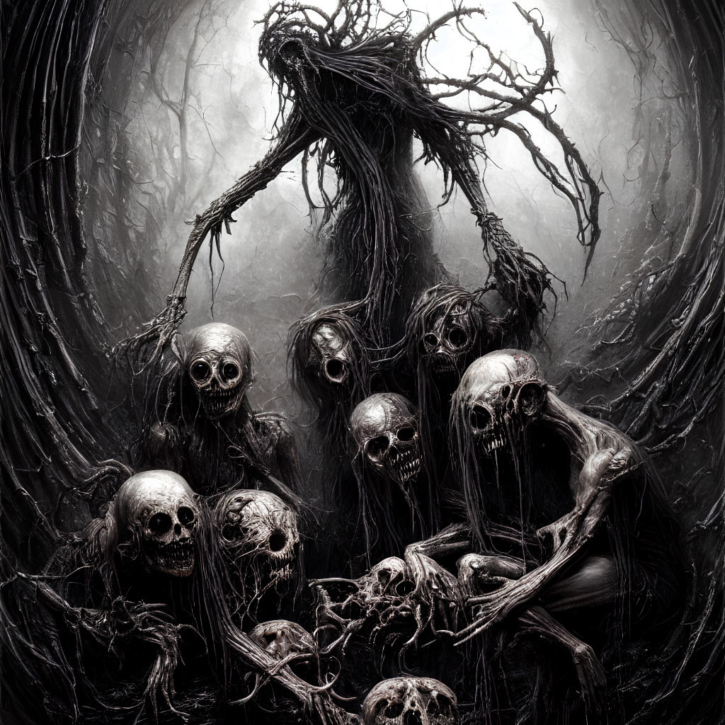 Monochrome illustration of skeletal figures and eerie tree entity