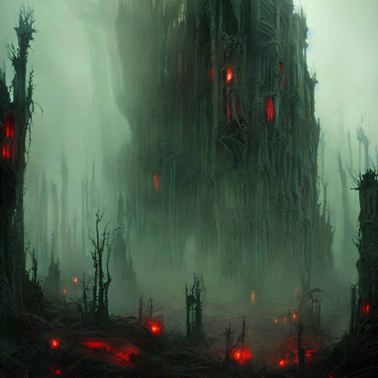 Eerie forest with towering trees and red glowing lights in thick fog