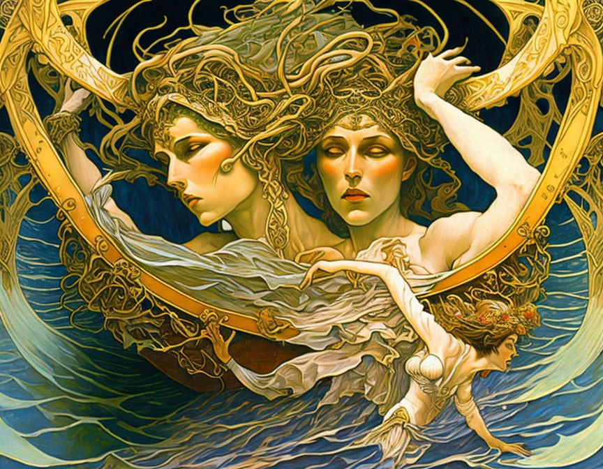 Art Nouveau-style illustration of two ethereal women with golden headpieces embraced by flowing water.