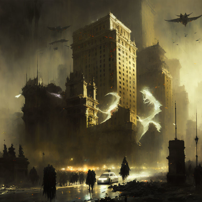 Dystopian cityscape at night with ominous buildings and flying ships