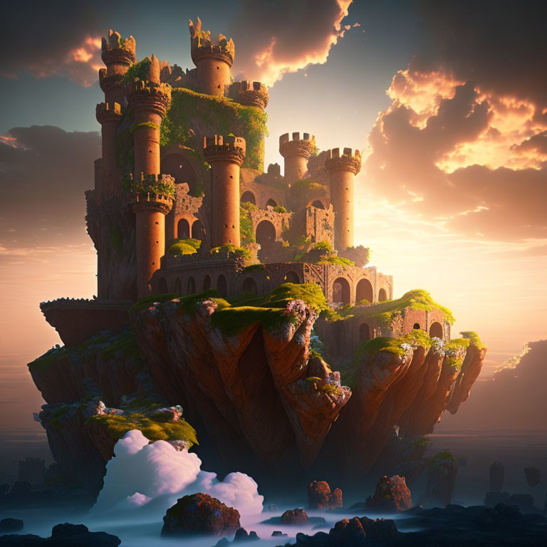 Fantastical floating island with ancient castle ruins at sunset