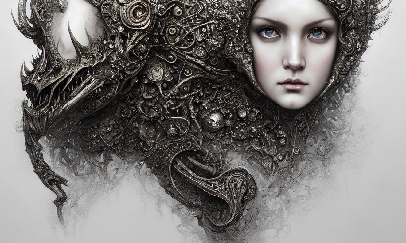 Surreal portrait featuring woman's face with metallic shapes and mythical creatures